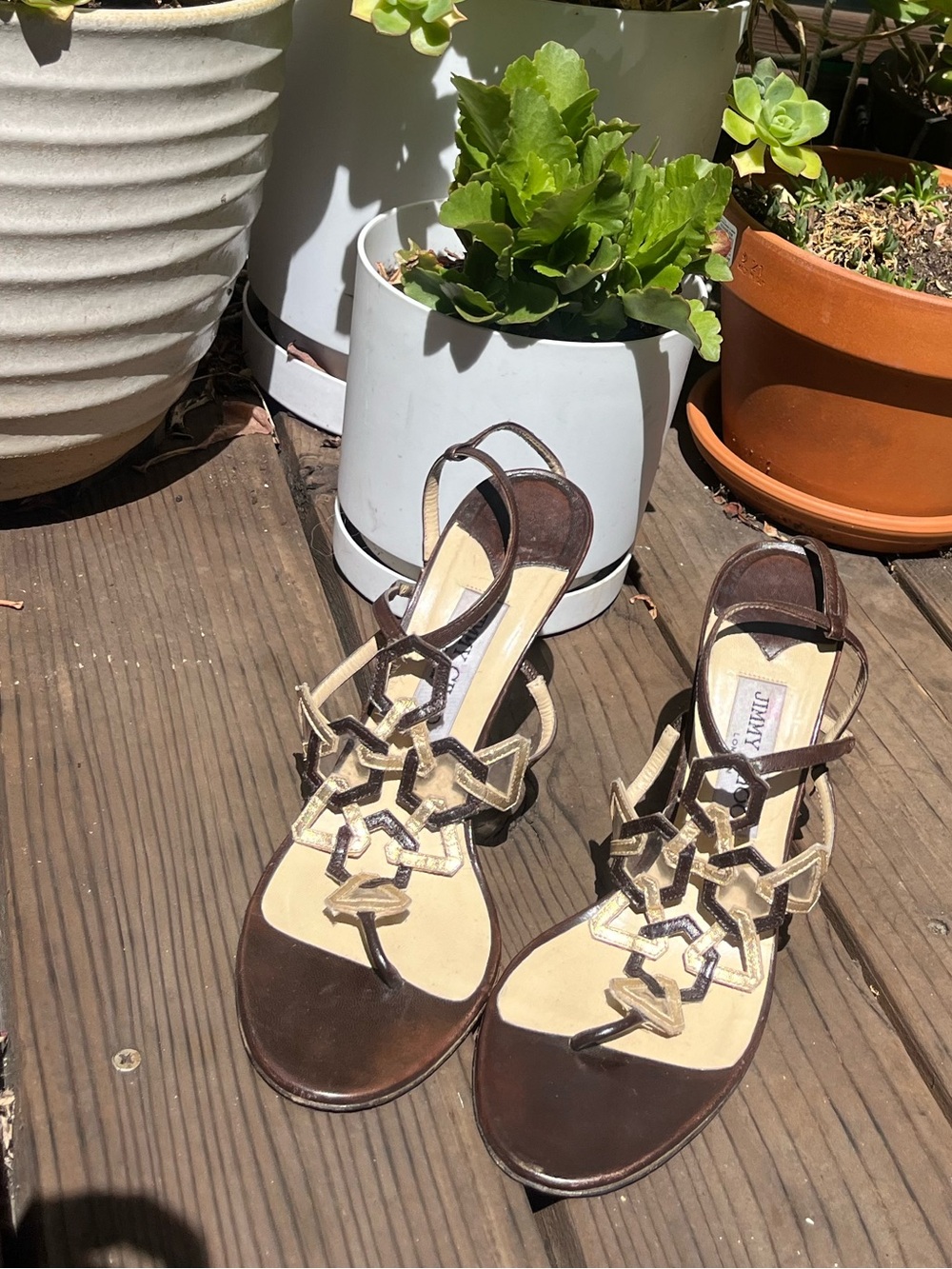 Jimmy Choo Vintage Y2K Brown and Gold Strappy Sandal Heel